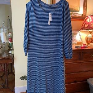 Talbots NWT Navy stripe dress . SZ L 100%cotton long sleeves. Comfort and Style